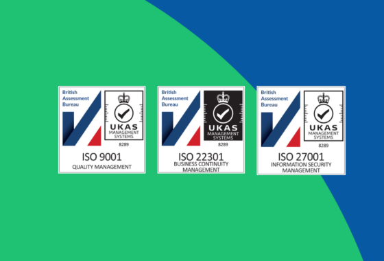 ISO 22301, ISO 9001, and ISO 27001 badges.